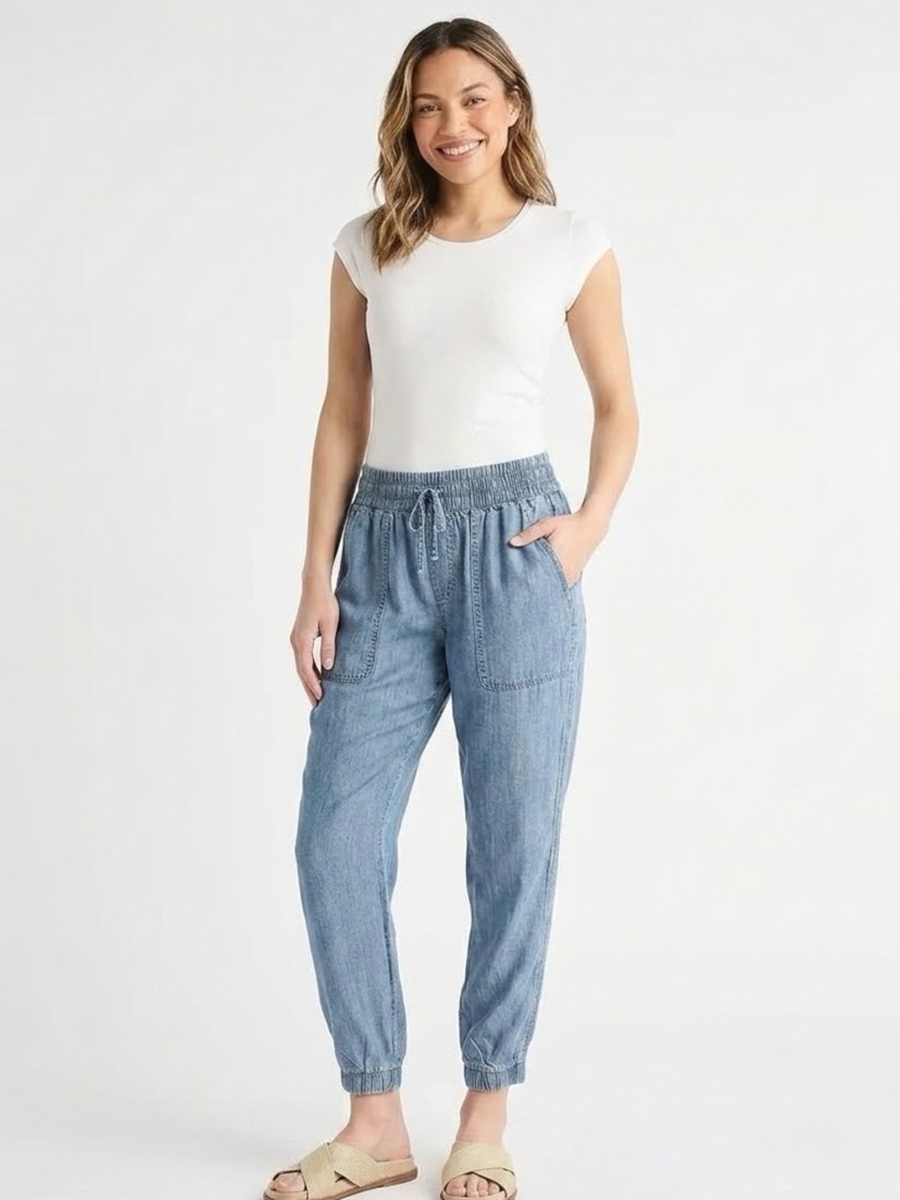 Splendid Lakeside Chambray Denim Jogger Pants, Light Wash Blue, Size M